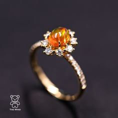 The Stunning - Mexican Fire Opal Engagement Halo Diamond Ring 18k Yellow Gold Promise Ring. Design Name: The Stunning! Design Idea: Supreme Quality Of Fire Opal Surrounded By 24 Vs Quality Diamonds, Which Is Simply Stunning, Elegant Sophistication! A Perfect Symbol Of Our True Love For Eternity! Free Domestic Usps First Class Shipping!&Nbsp; Free One Year Limited Warranty!&Nbsp; Free Gift Bag Or Box With Every Order! Opalthe Queen Of Gemstones, Is One Of The Most Beautiful And Rarest Gemstones O Amber Engagement Ring, Rarest Gemstones, Opal And Sapphire Ring, Fire Opal Engagement Ring, Opal Wedding Band, Gold Promise Ring, Mexican Fire Opal, Gold Promise Rings, Fire Opal Ring