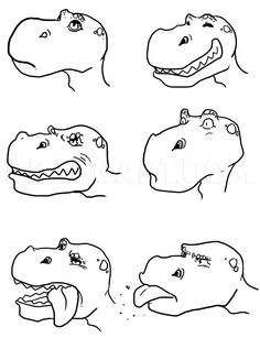 four different types of dinosaurs that are drawn in black and white, each with their own face