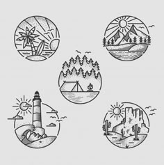 four hand drawn badges with mountains, trees and lighthouses in the middle one is black and white