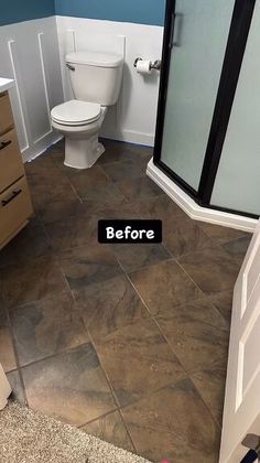 before and after photos of a bathroom remodel with tile flooring, walls, and floors