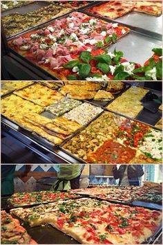 several different types of pizzas are on display