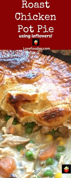 a chicken pot pie sitting on top of a white plate