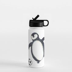 a penguin with a soccer ball on it's back is standing in front of a white background