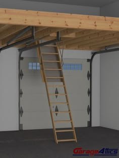 an overhead garage door is open and there are two ladders hanging from the ceiling