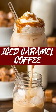 iced caramel coffee is being poured into a mason jar with whipped cream on top