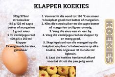 the ingredients for klapper koekies are shown in this image, including eggs and