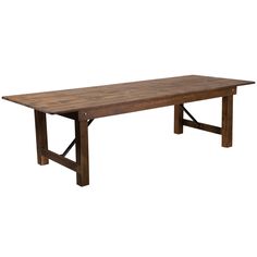 a large wooden table with metal legs on an isolated white background