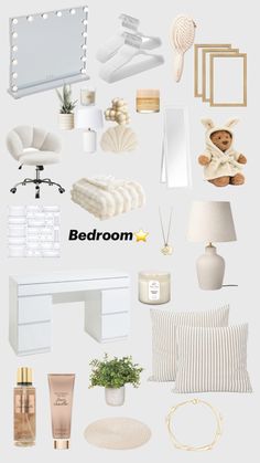 a collage of white furniture and accessories with the word bedroom above it in black