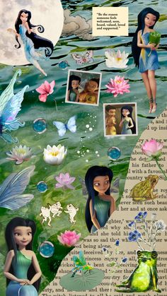 a collage of fairy images and pictures with flowers, water lilies, and other things