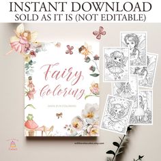 the fairy coloring book is on display next to some flowers and pictures with text that reads,