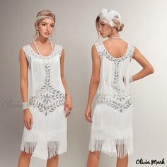 Olivia Mark - Vintage Gatsby Party Dress with Round Neck, Sequin Embroidery, and Fringe Details White Sleeveless Flapper Dress, White Fitted Flapper Dress For Spring, Elegant White Flapper Dress For Cocktail, Elegant White Flapper Cocktail Dress, White Sleeveless Flapper Dress For Summer, Elegant White Cocktail Flapper Dress, White Sleeveless Summer Flapper Dress, Embellished Flapper Dress For Wedding Festivities, Embellished Flapper Dress For Wedding And Festive Events