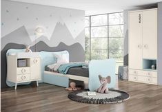 a child's bedroom decorated in pastel blue and grey with mountains painted on the wall