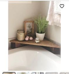 a bathroom with a bathtub, potted plant and other items on the shelf