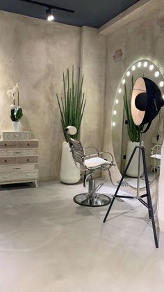 a chair and mirror in a room with lights on the walls, plants behind it