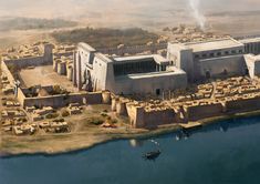 an artist's rendering of the egyptian city of edfut, with its ancient architecture