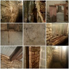 several pictures of the inside of an old building with wood floors and brick walls in different stages of construction