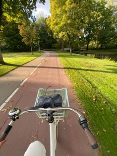 a person riding a bike down a road next to a lush green park filled with trees