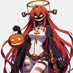 a woman dressed as a witch with long red hair and pumpkins on her head