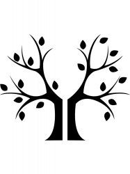 a black and white tree with leaves on it's branches is shown in the shape of a heart