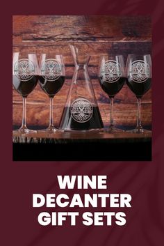 wine decanter gift sets are displayed in front of a wooden background with the words wine decanter