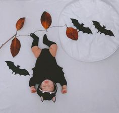 a baby is laying on its back next to some leaves and a circular object that looks like bats