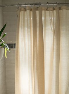 a bathroom with a shower curtain and a plant in the corner