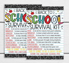 back to school survival kit with the words back to school written in different colors on it