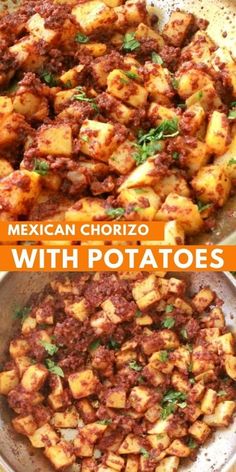 mexican chorizo tofu with potatoes in a skillet and on the side