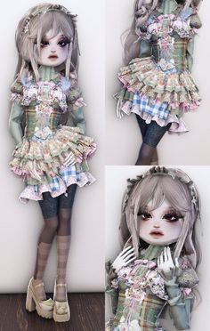 three different views of a doll with long hair