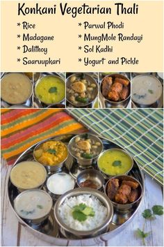 an image of different types of food on a metal platter with the words konari vegettarian thali