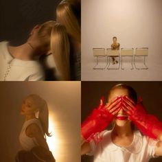 four different shots of a woman with red gloves covering her eyes and sitting at a table