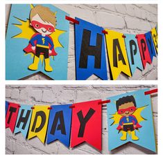 the birthday banner is decorated with paper cut outs and superheros on it, along with other decorations