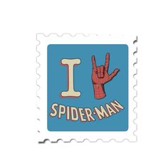 a postage stamp with the word i love spider - man written in red on it