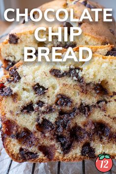 chocolate chip bread on a cooling rack with text overlay reading, chocolate chip bread