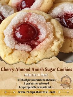 cherry almond amish sugar cookies are shown in front of an advertisement for the recipe