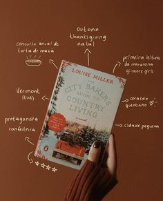 a person holding up a book in front of a brown wall with words on it