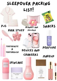 the contents of a sleepover packing list are shown in pink and white, with text overlay