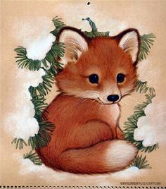 a painting of a red fox sitting on top of a tree branch with pine needles