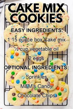 the recipe for cake mix cookies on a cooling rack