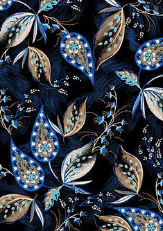 blue and gold leaves on black background with white flowers in the center, seamlessly