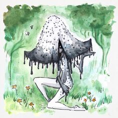 a drawing of a person kneeling down in the grass with dripping water on their head