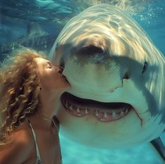 a woman kissing a large shark under water