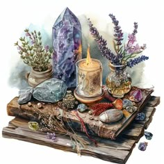 a painting of rocks, crystals and candles