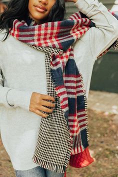 Keep your fall wardrobe versatile with our charming 'Pumpkin Patch Please' scarf featuring soft lightweight material patterned with a navy, red, and white plaid print on one side and a black and white herringbone print on the other, and frayed trim detailing! Trendy Black Fall Scarves, Trendy Black Scarves For Fall, Trendy Black Scarf For Fall, Casual Plaid Scarves For Cold Weather, Casual Red Scarf For Cold Weather, Cotton Scarves For Fall, Red Casual Scarves For Fall, Casual Cotton Scarves For Fall, Casual Red Scarf For Fall