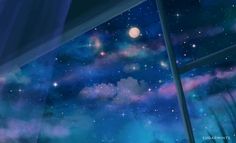 the night sky is filled with stars and clouds, as seen from an open window