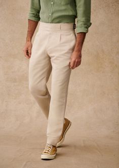 Terence Straight Pants - Light Beige - Linen - Octobre Éditions Cream Pants Outfit Men, Cream Pants Outfit, Colored Pants Outfits, Pants Outfit Men, Cream Pants, Denim Suit, Polo Sweatshirt, Colored Pants, Straight Pants