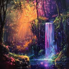 a painting of a waterfall surrounded by trees and flowers in the forest with stars falling from the sky