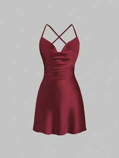 Women Spaghetti Strap Backless Criss-Cross Back Satin Lapel Fitted Elegant Dress Burgundy Sexy  Sleeveless Satin Plain Cami Non-Stretch  Women Clothing, size features are:Bust: ,Length: ,Sleeve Length: Satin Dress With Pockets, Red Silk Formal Dress, Semi Formal Dresses Red, Red Dress Graduation, Red Silk Dress Short, Maroon Dress Outfit, Burgendy Dress, Short Maroon Dress, Grad Dress Ideas