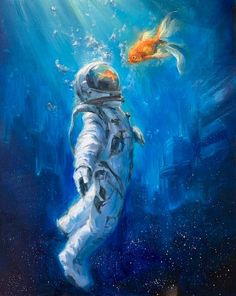 an astronaut floating in the water next to a goldfish