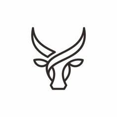 a bull's head with long horns is shown in black on a white background